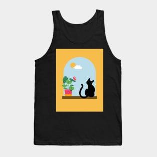 Minimalistic Illustration of Cat Sitting Boho Aesthetic Tank Top